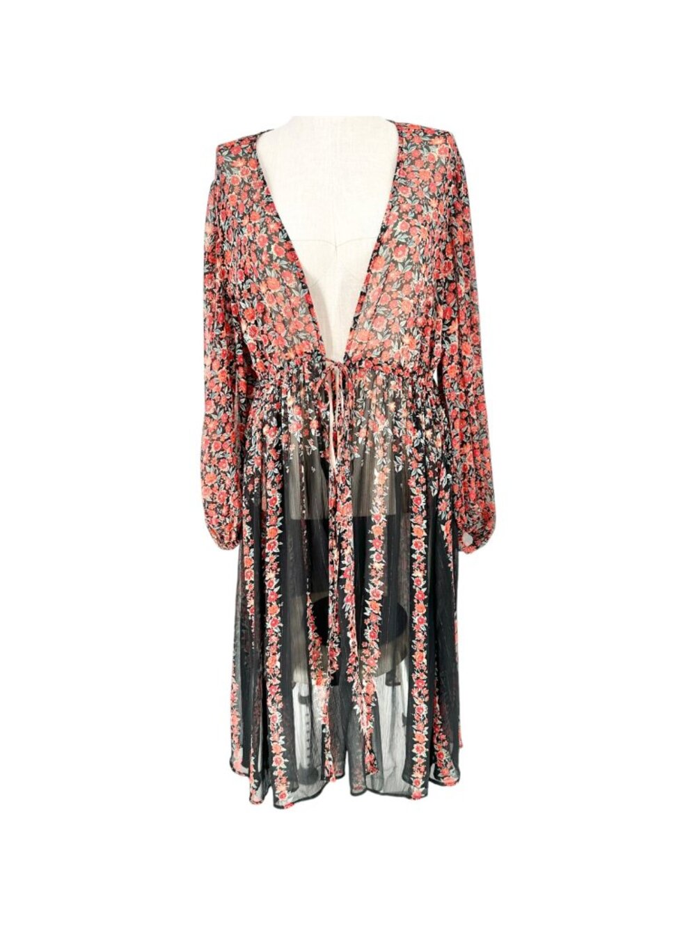 Torrid 3 Sheer Kimono Black Red Floral LS Crinkle Fabric Drawstring Waist 22-24